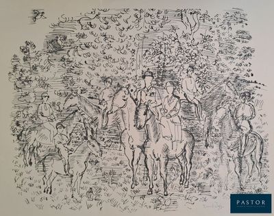 drawing of a group of people riding horses in a field