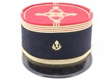 a red and blue hat with gold trim on a white background