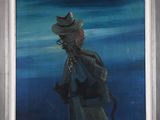 painting of a man in a hat and coat standing in front of a blue sky