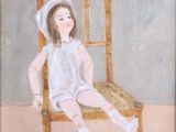 a painting of a little girl sitting on a chair