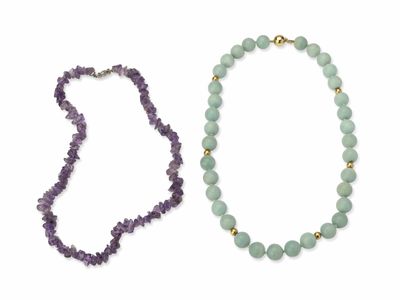 a close up of two necklaces on a white background
