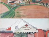 two pictures of a horse and a cart in a field