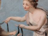 a painting of two women and a child with scissors