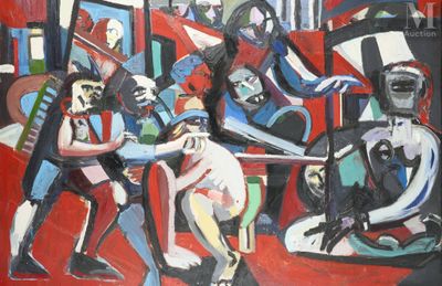 peinture abstraite représentant un groupe de personnes jouant d'un instrument dans une pièce
