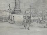 dessin représentant un homme et une femme marchant dans une rue, avec une tour horloge en arrière-plan