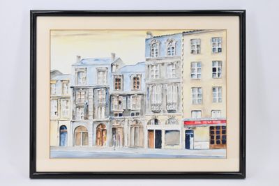 une image représentant une peinture d'une rue de ville avec des bâtiments