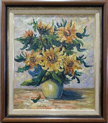 painting of sunflowers in a green vase on a table