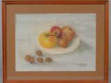 a painting of apples and pears on a plate