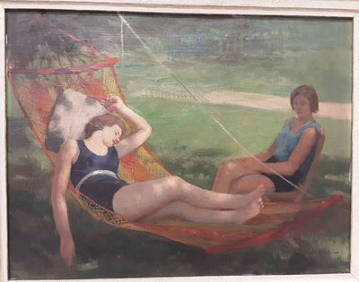 un tableau représentant deux femmes assises dans un hamac