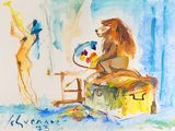 un tableau représentant une femme et un lion dans une pièce