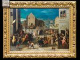 une peinture à l'huile représentant une scène de rue avec une foule de passants
