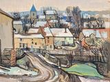 an image of a painting of a town in the snow