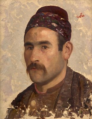 un vieux tableau représentant un homme moustachu, coiffé d'un turban
