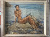 un tableau représentant une femme assise sur un rocher au bord de l'eau