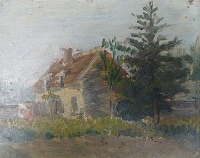 tableau représentant une maison au toit rouge avec un arbre au premier plan