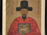 an old chinese painting of a man in a red robe holding a book