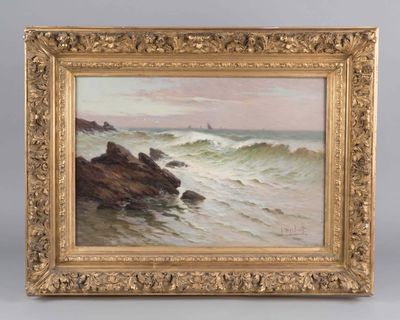 an image of a painting of waves crashing on a rocky shore