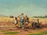 une peinture à l'huile représentant un groupe de personnes travaillant dans un champ