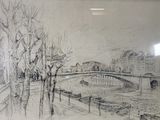drawing of a bridge over a river with trees and buildings in the background