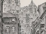 dessin représentant une rue avec des bâtiments et une tour horloge en arrière-plan