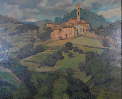a painting of a church on a hill with a sky background