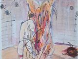 an image of a drawing of a man standing next to a horse