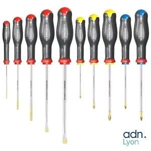 six different types of screwdrivers lined up in a row
