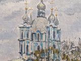 an oil painting of a church with a clock tower on top of it