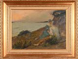 an oil painting of a woman sitting on a cliff overlooking the ocean
