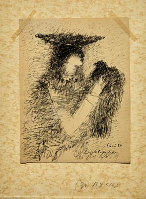 an old drawing of a man holding a dog in his arms