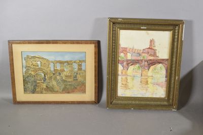 un tableau représentant un pont et un tableau représentant un pont dans un cadre doré