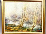 une peinture à l'huile représentant une rivière avec des arbres au premier plan