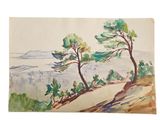 aquarelle représentant deux arbres sur une colline surplombant l'océan
