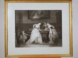 an old picture of two women in formal dress playing a game of cards