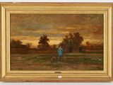 painting of a man and a dog in a field with a sunset in the background