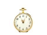 a gold pocket watch with a white face on a white background