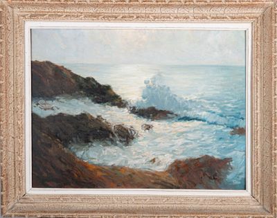 une peinture à l'huile représentant une côte rocheuse avec des vagues se brisant contre les rochers