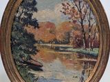 an image of a painting of a river with trees in the background