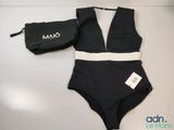 black one piece swimsuit with white trimming and matching pouch