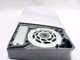 a black and white picture of a laptop with a fan