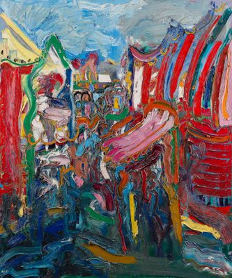 une peinture à l'huile représentant un chapiteau de cirque avec des personnes à l'intérieur