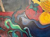 a painting of a bowl of fruit on a table