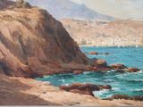 a painting of a view of a rocky coast with boats in the water