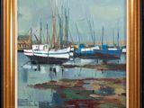 an oil painting of boats docked in a harbor on a cloudy day