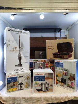 a display of kitchen appliances and appliances in a small room