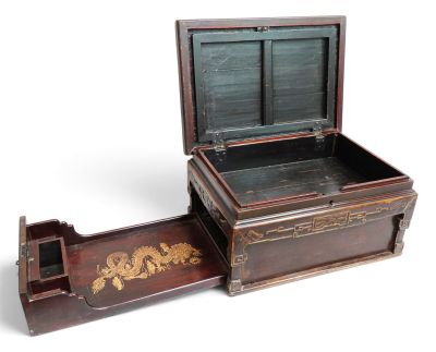 a small wooden box with a drawer inside of it