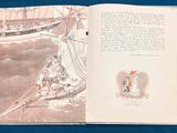 an open book with a picture of a boat and people on it