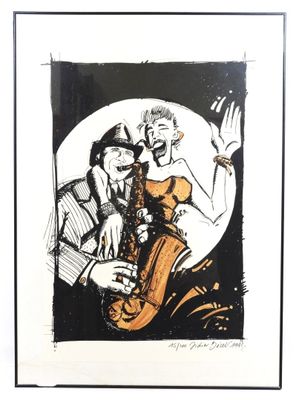 un dessin en noir et blanc représentant un homme jouant du saxophone en compagnie d'une femme