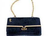 navy blue velvet clutch bag with gold chain strap