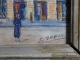 a painting of a woman holding an umbrella on a city street
